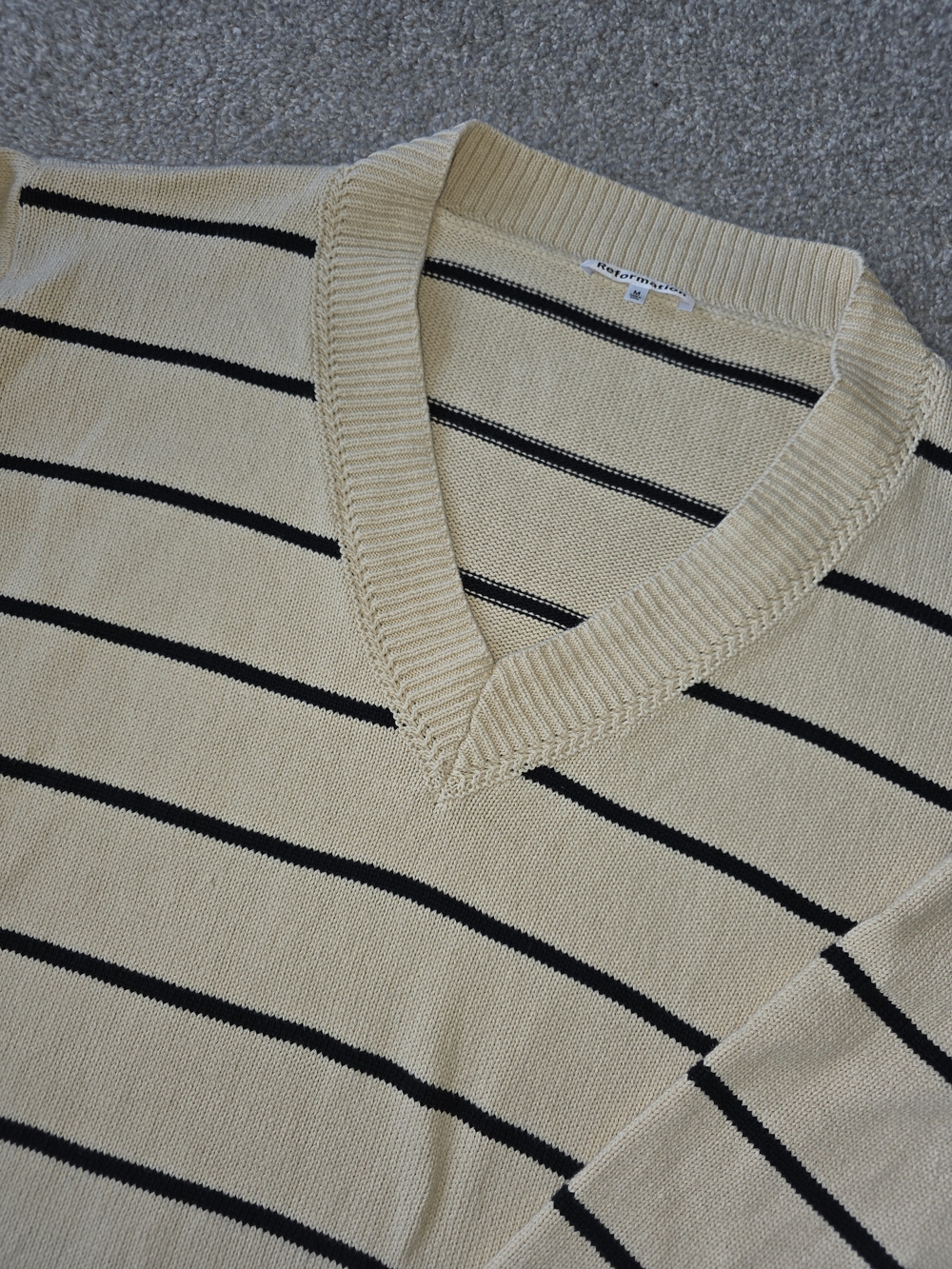 Reformation Cream and Black Striped V-Neck Sweater - Picture 3 of 3
